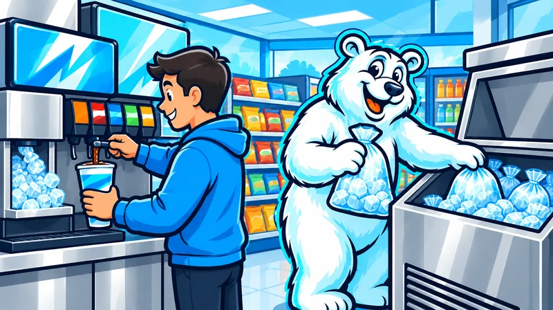 Convenience store fountain drink station and bagged ice freezer