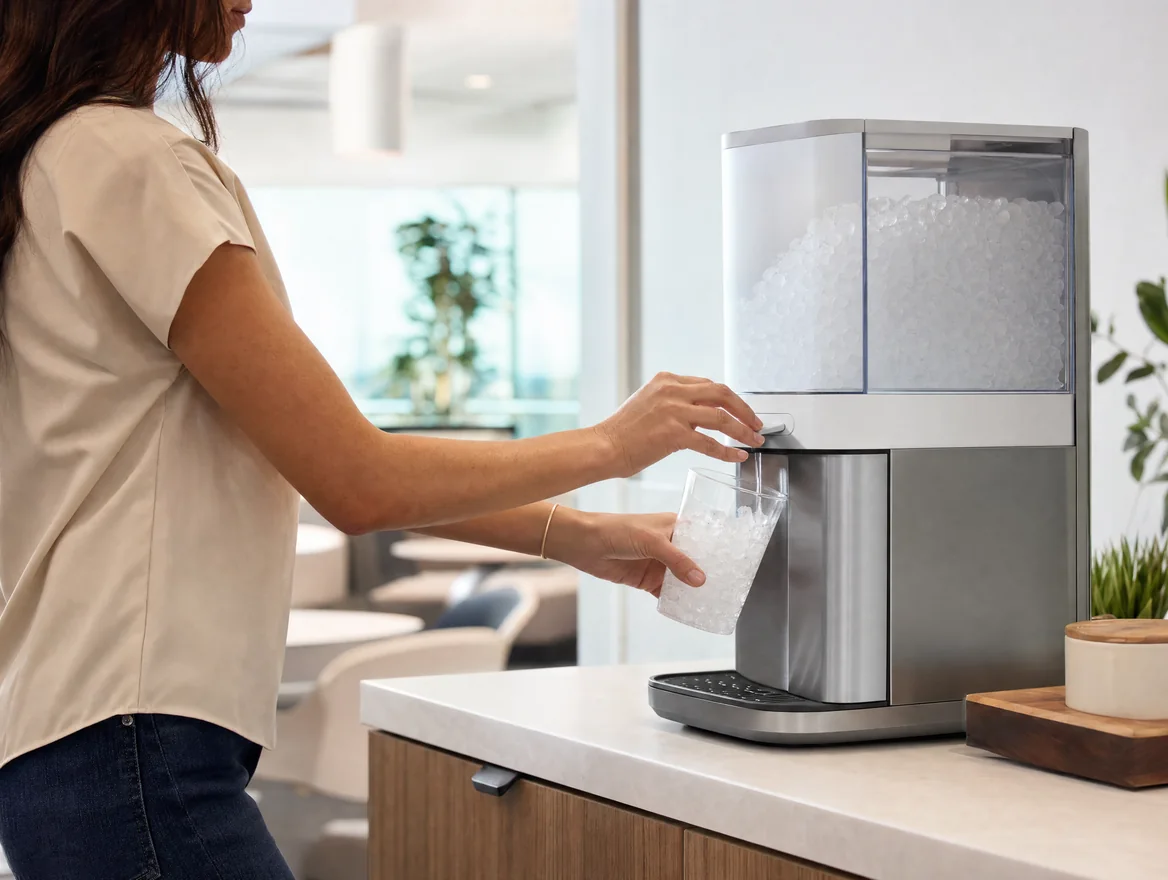 Countertop ice and water dispenser filling a cup with nugget ice Countertop ice and water dispenser filling a cup with nugget ice