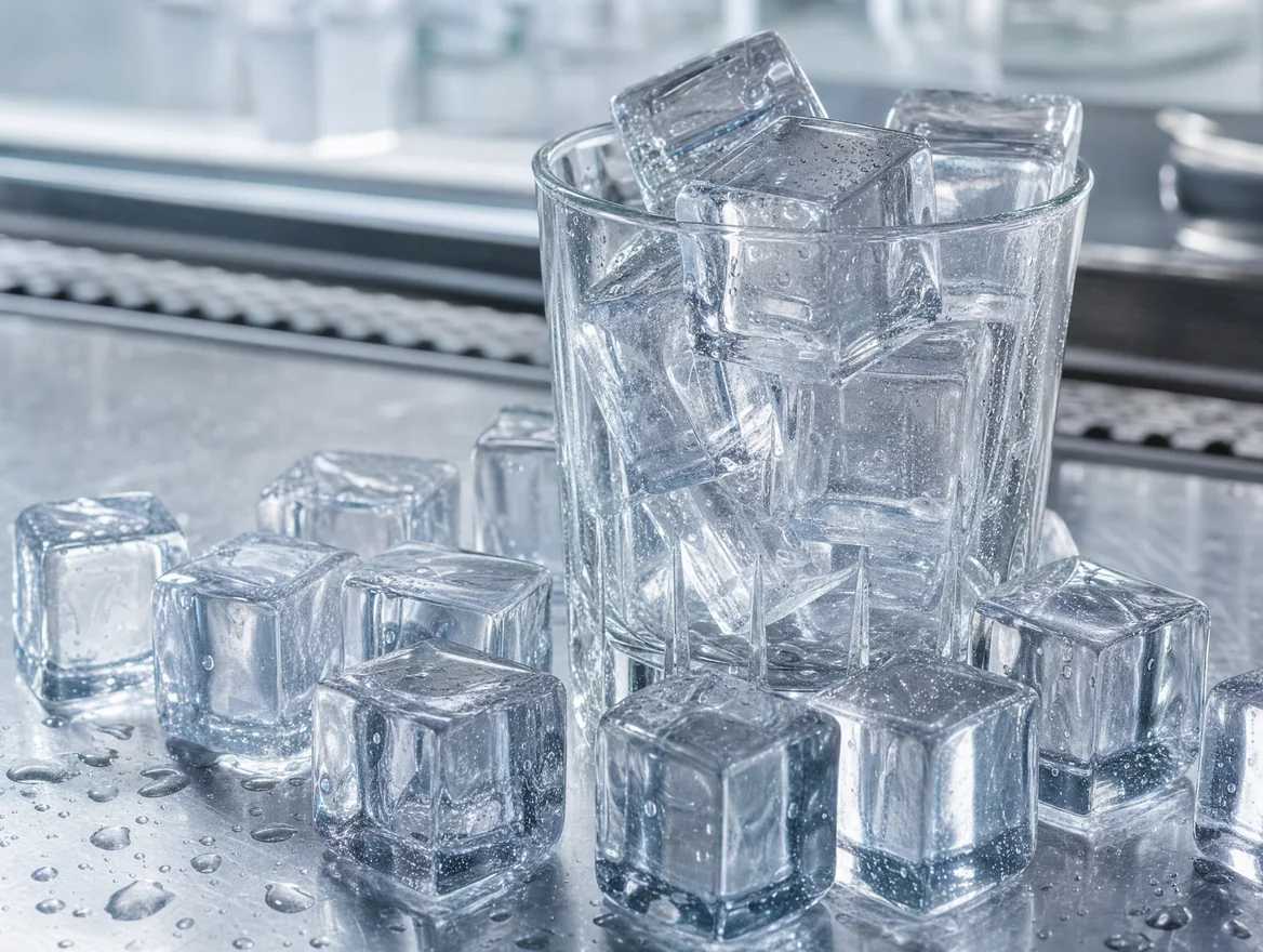 Full cube ice stacked in a rocks glass on a bar counter Full cube ice stacked in a rocks glass on a bar counter