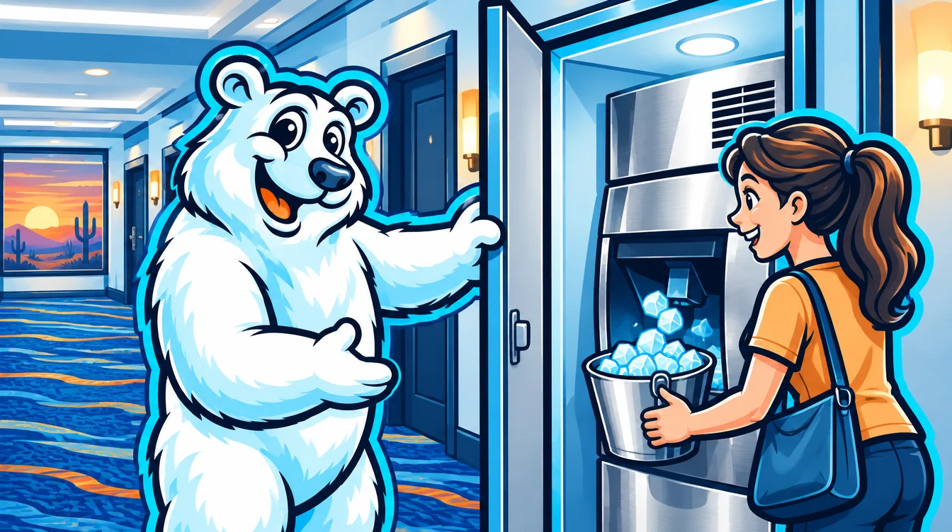 Hotel guest filling an ice bucket at a hallway ice dispenser Hotel guest filling an ice bucket at a hallway ice dispenser