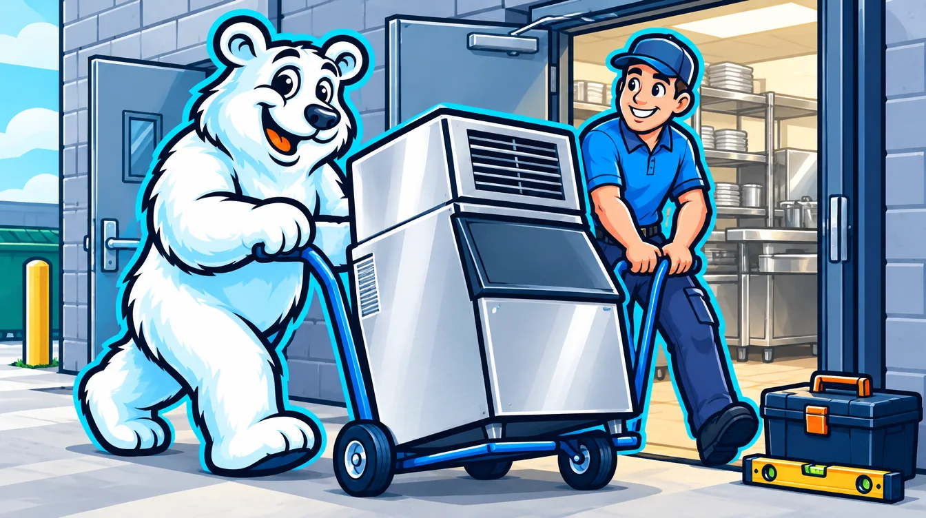 Polar Bear mascot and a technician wheeling a new ice machine through a back door Polar Bear mascot and a technician wheeling a new ice machine through a back door