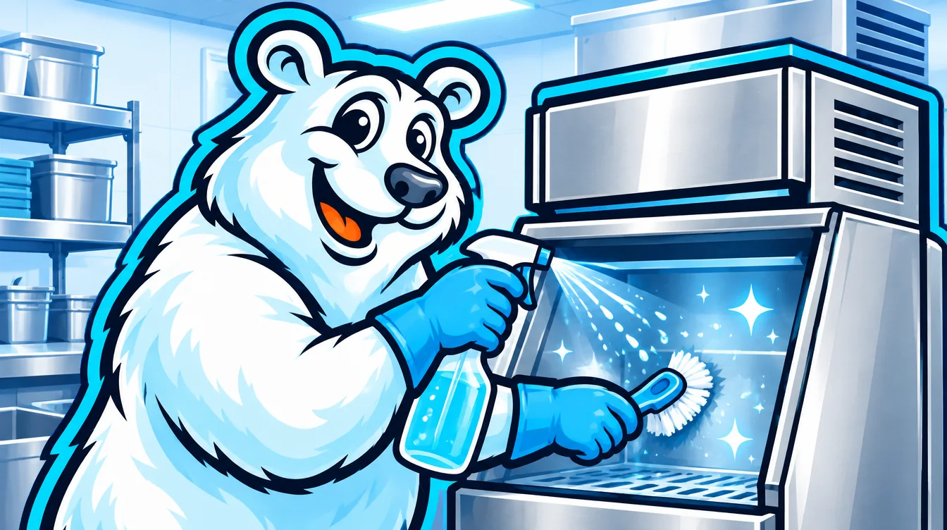 Polar Bear mascot cleaning and sanitizing the inside of an ice machine Polar Bear mascot cleaning and sanitizing the inside of an ice machine