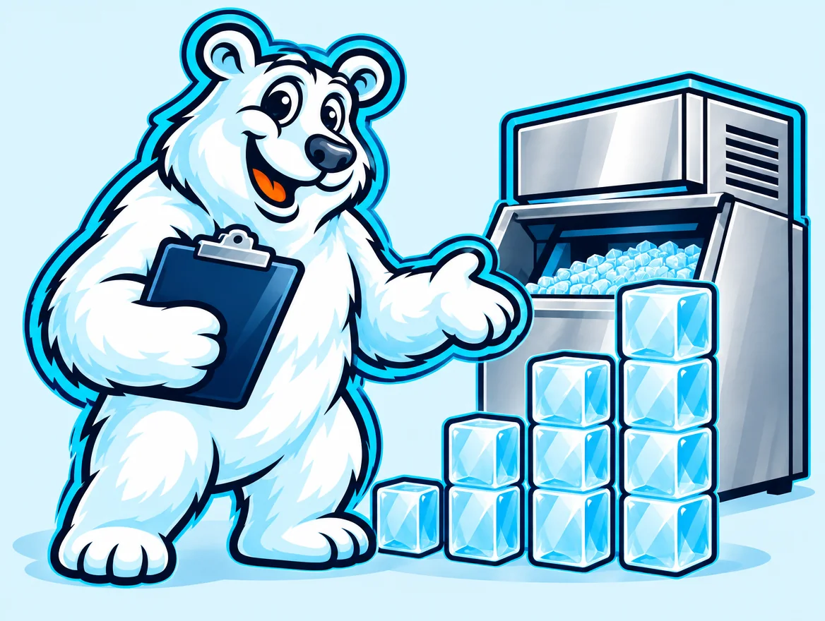 Polar Bear mascot with a clipboard beside ice cubes stacked like a bar chart