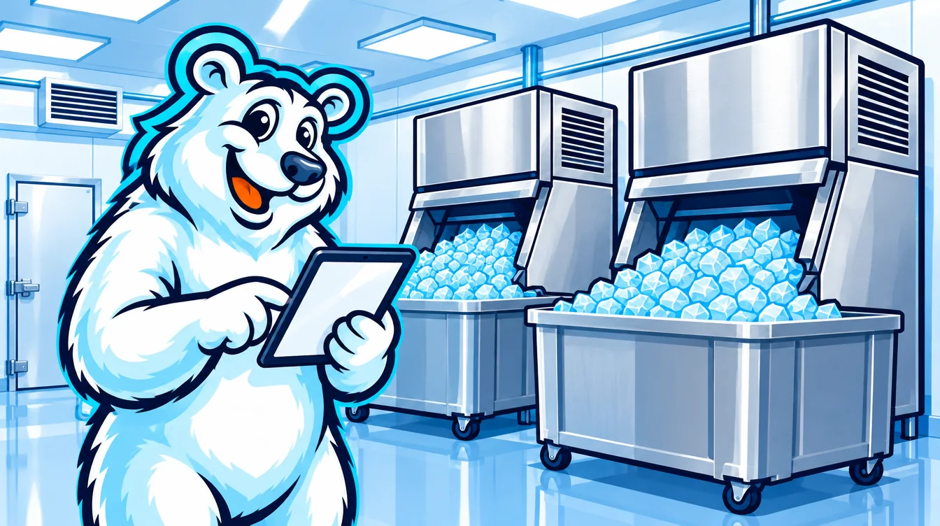 High-capacity industrial ice machines on large storage bins High-capacity industrial ice machines on large storage bins