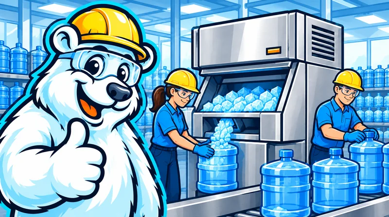 Factory workers filling water coolers from a large modular ice machine