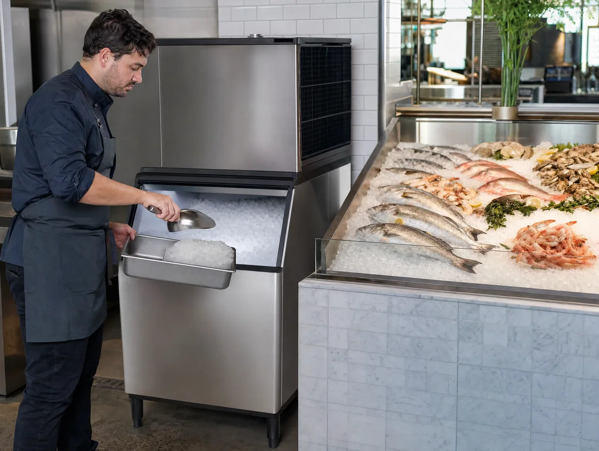 Nugget ice machine beside a seafood display on flake ice Nugget ice machine beside a seafood display on flake ice