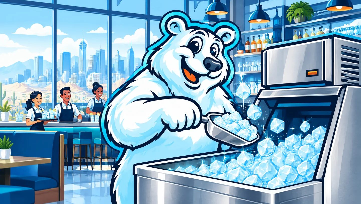 Polar Bear mascot scooping clear ice from a commercial ice machine in a bright Las Vegas restaurant bar Polar Bear mascot scooping clear ice from a commercial ice machine in a bright Las Vegas restaurant bar