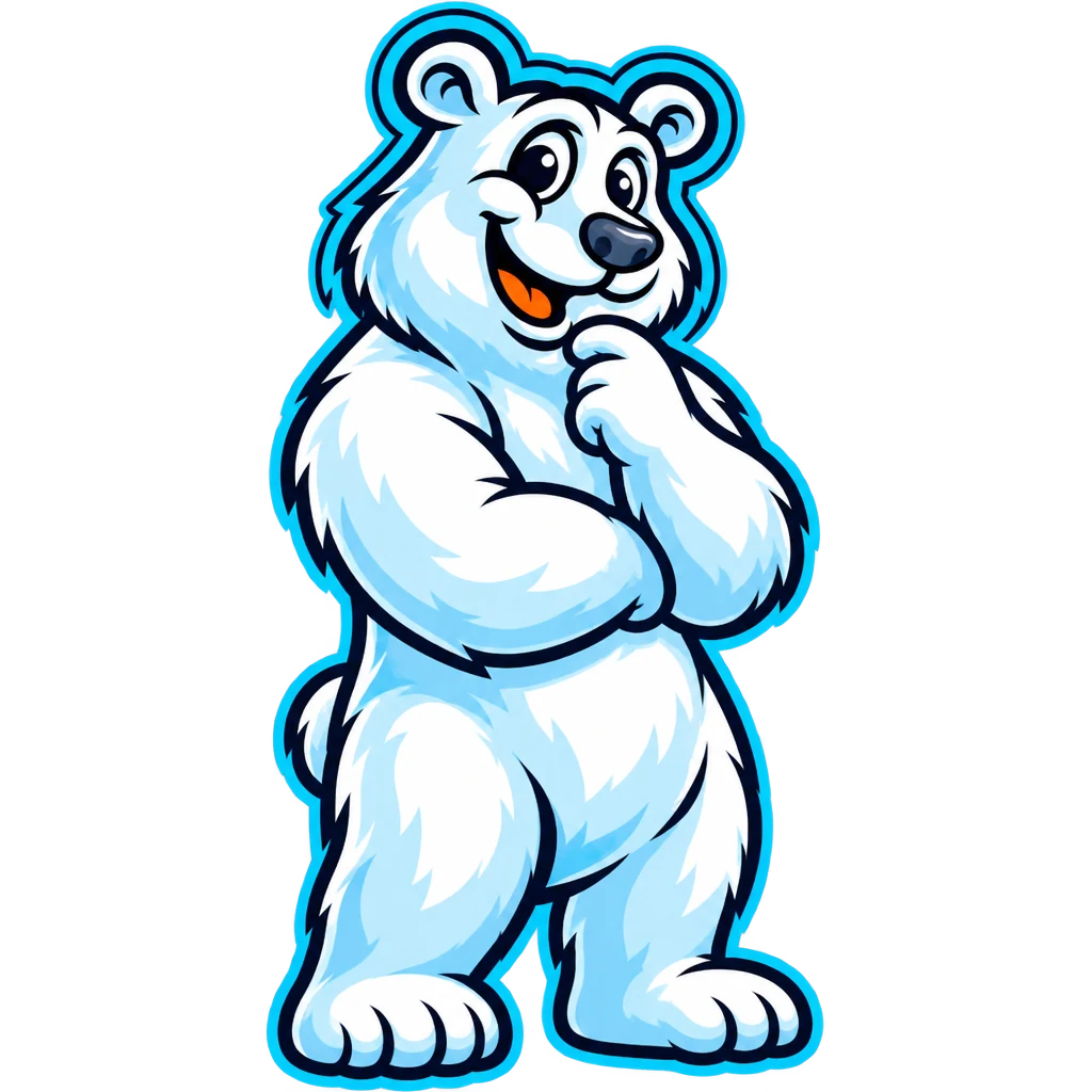 Polar Bear mascot thinking with a paw on its chin (transparent cutout) Polar Bear mascot thinking with a paw on its chin (transparent cutout)