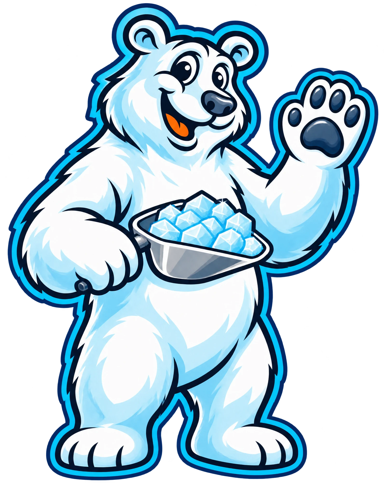 Polar Bear mascot waving and holding a scoop of ice (transparent cutout)