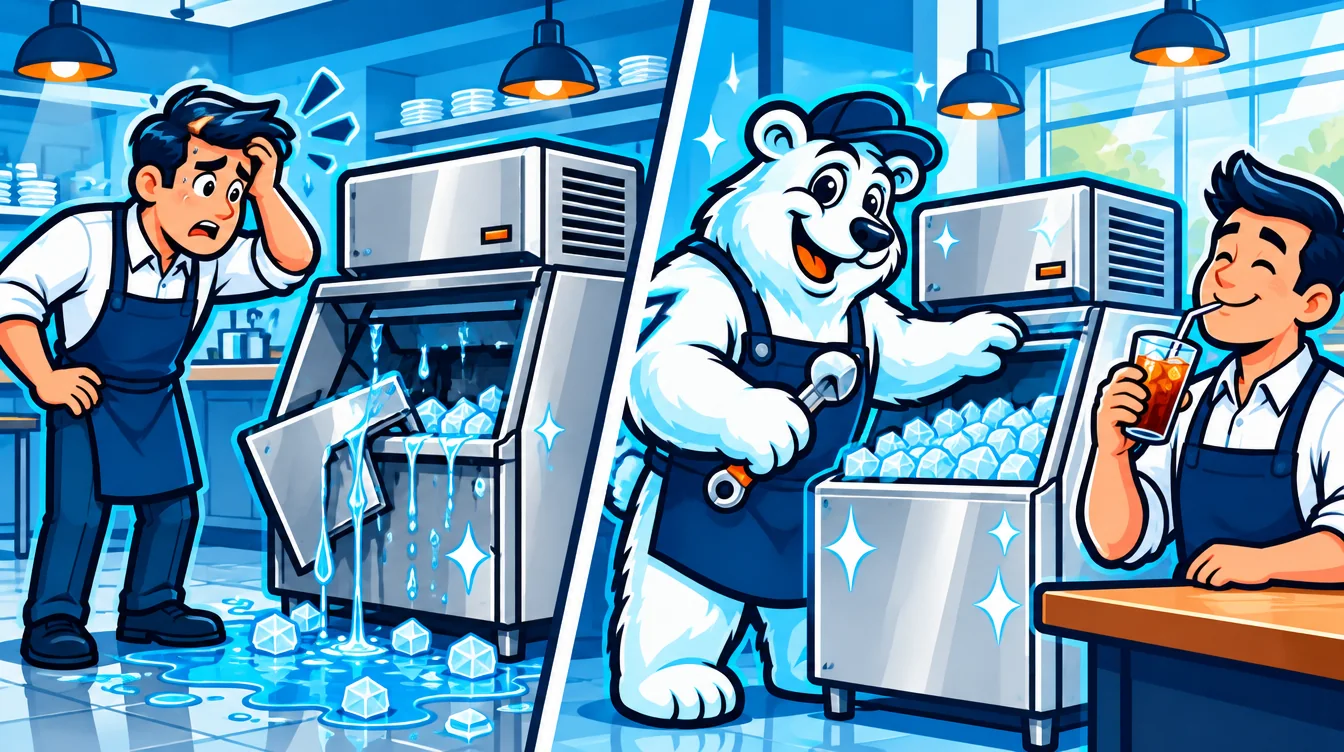 A stressed owner with a broken ice machine beside a relaxed owner whose machine Polar Bear maintains A stressed owner with a broken ice machine beside a relaxed owner whose machine Polar Bear maintains