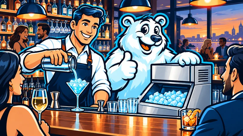 Bartender pouring a cocktail over clear ice beside an undercounter ice machine