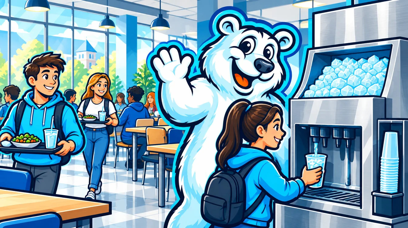 Students filling cups at a self-serve ice and water dispenser in a campus dining hall Students filling cups at a self-serve ice and water dispenser in a campus dining hall