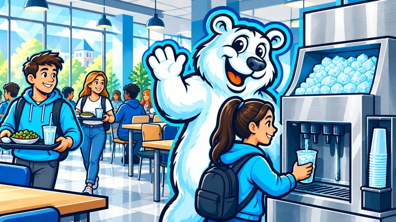 Students filling cups at a self-serve ice and water dispenser in a campus dining hall