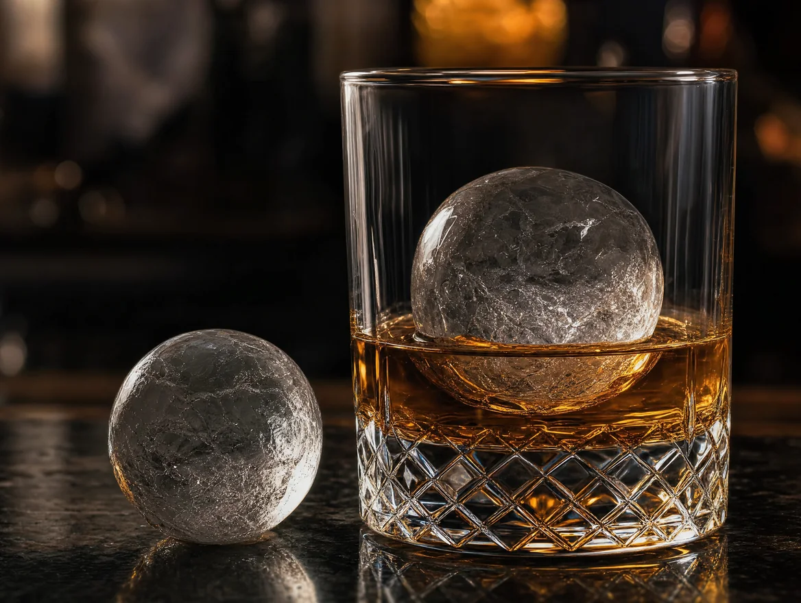Clear sphere ice in a whiskey glass Clear sphere ice in a whiskey glass