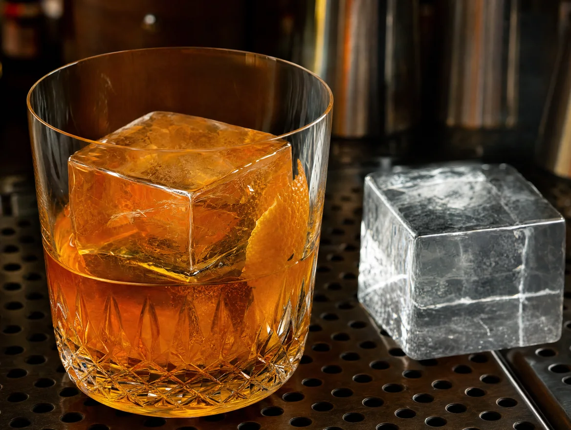 Large clear square ice cube in an old fashioned glass Large clear square ice cube in an old fashioned glass