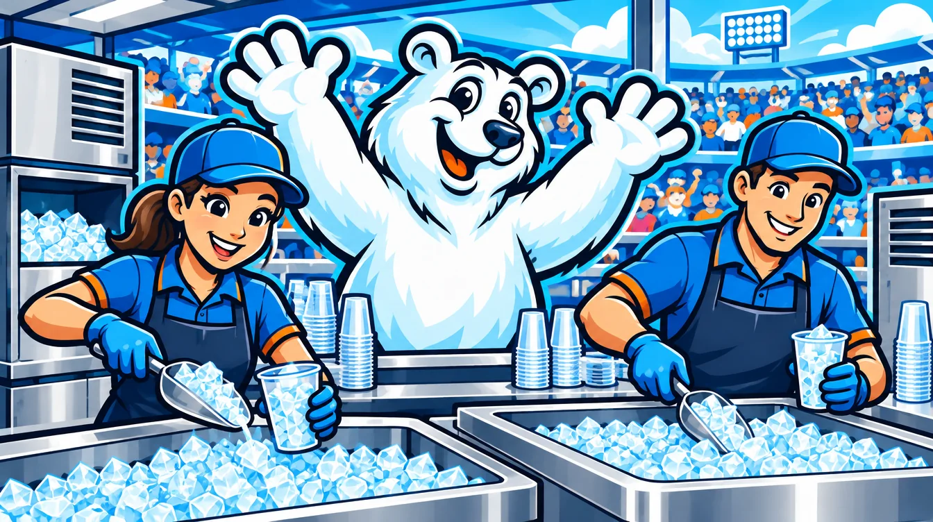 Stadium concession staff scooping ice into drink cups Stadium concession staff scooping ice into drink cups