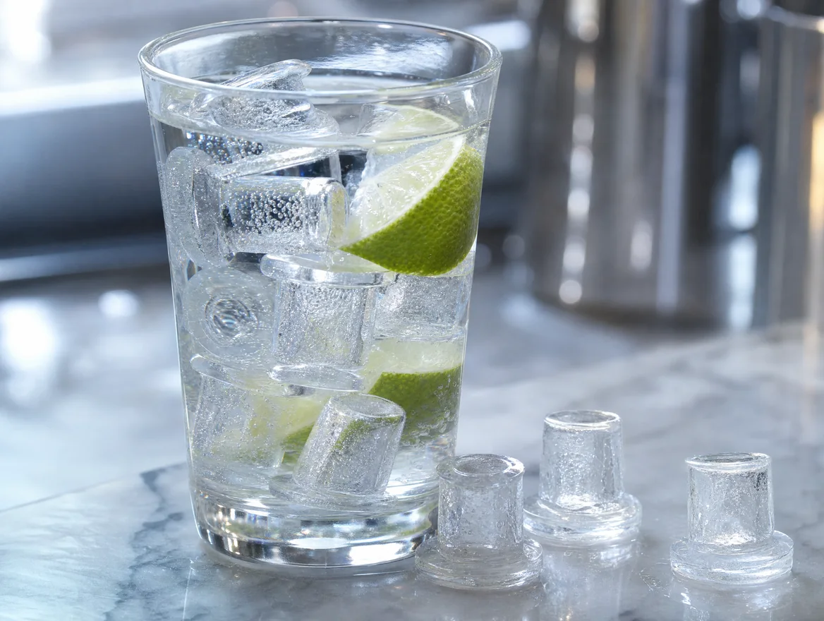Top hat ice in a highball glass with lime Top hat ice in a highball glass with lime