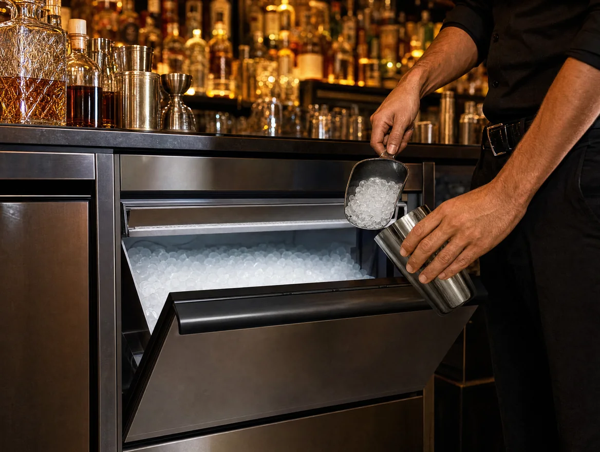 Undercounter ice machine tucked under a bar counter