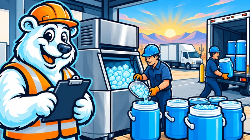 Loading dock crew filling cooler jugs with ice at sunrise